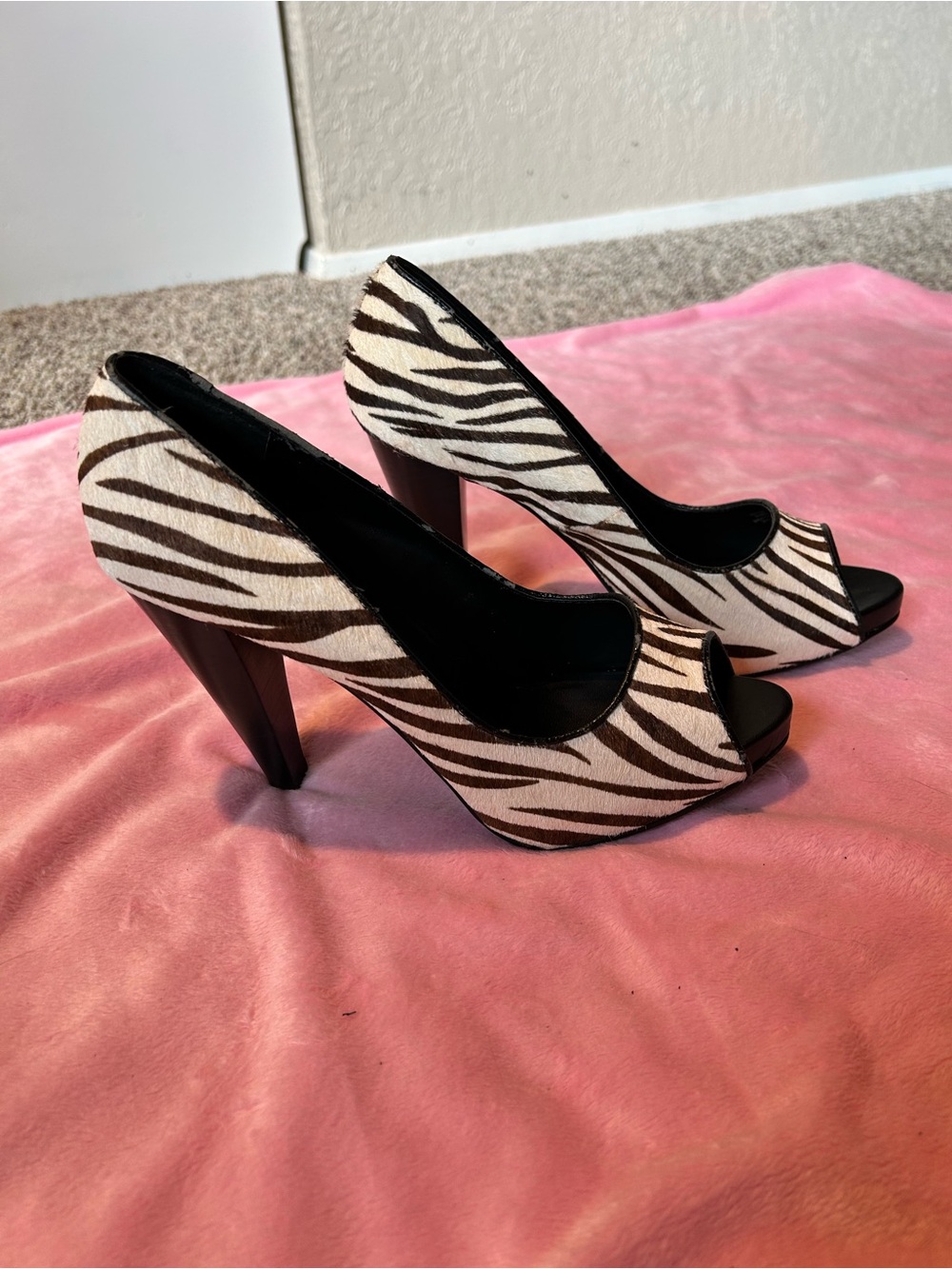 Nine West Vintage Zebra Pony Hair Peep-Toe Heels - Brown/Black/White